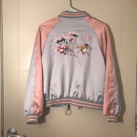 Unique Embroidered Bumblebee Satin Bomber Jacket - Picture 3 of 16
